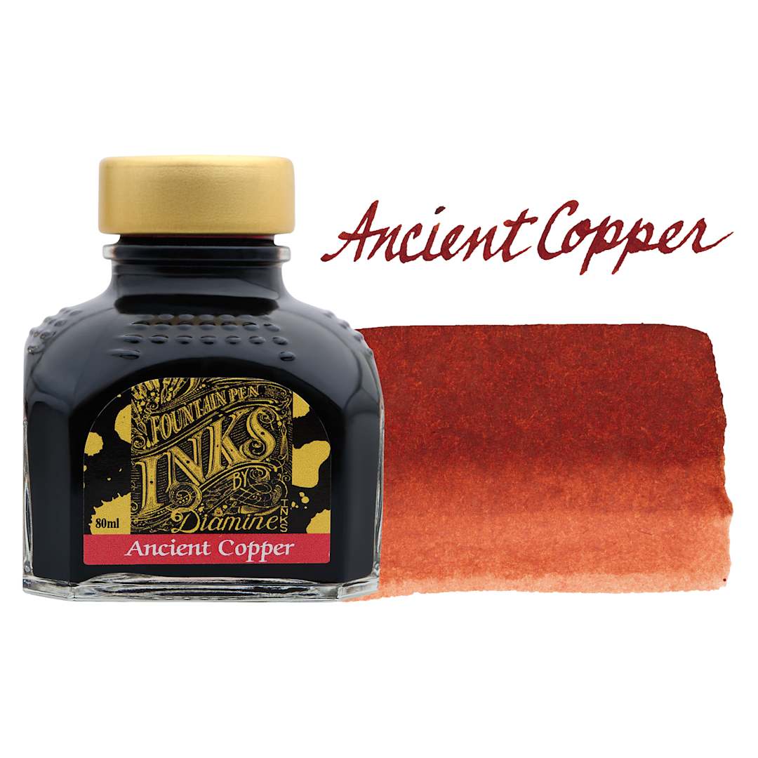 Open in modal - Diamine Fountain Pen Ink - Ancient Copper, 80 ml bottle with swatch
