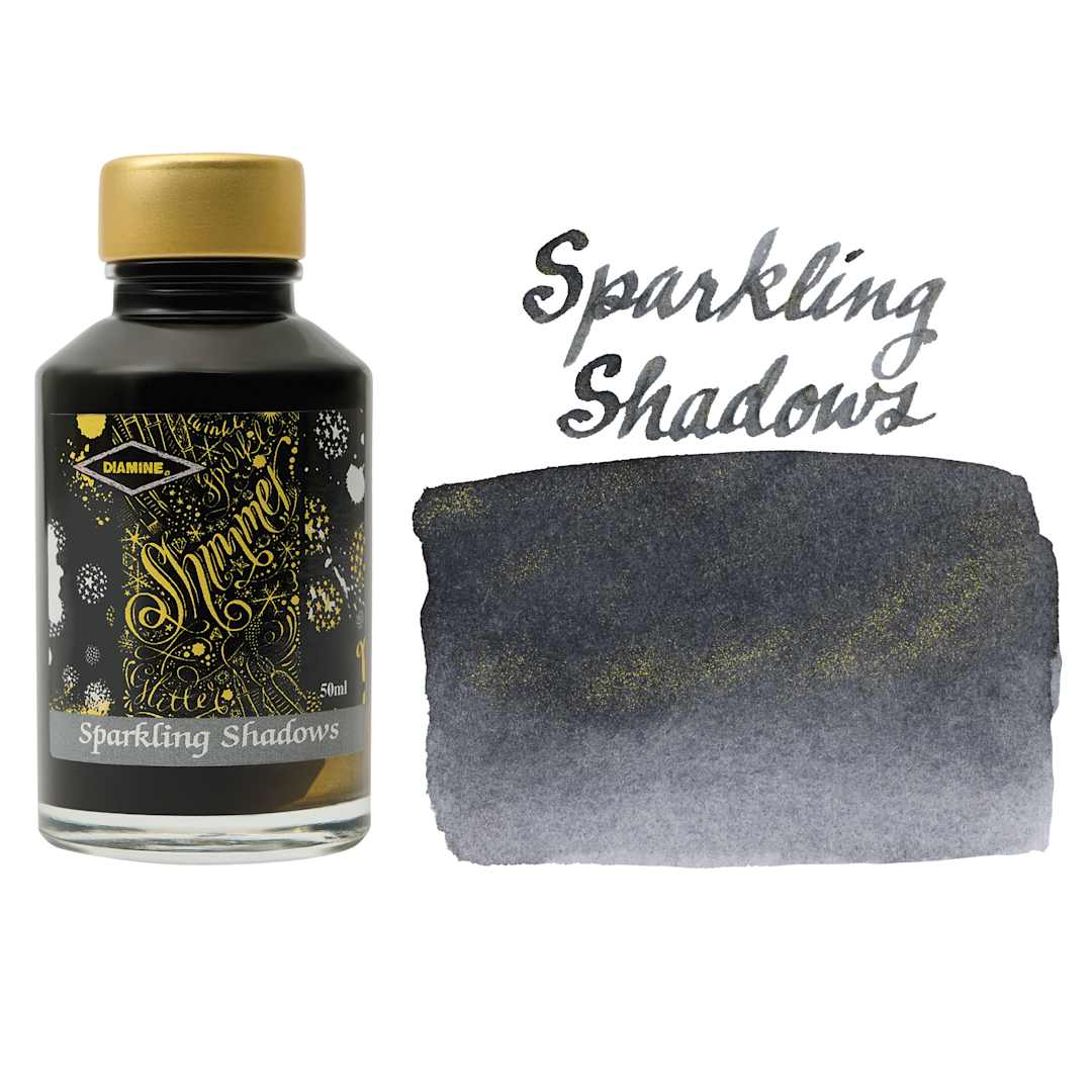 Open in modal - Diamine Shimmer Fountain Pen Ink - Sparkling Shadows, 50 ml bottle and swatch