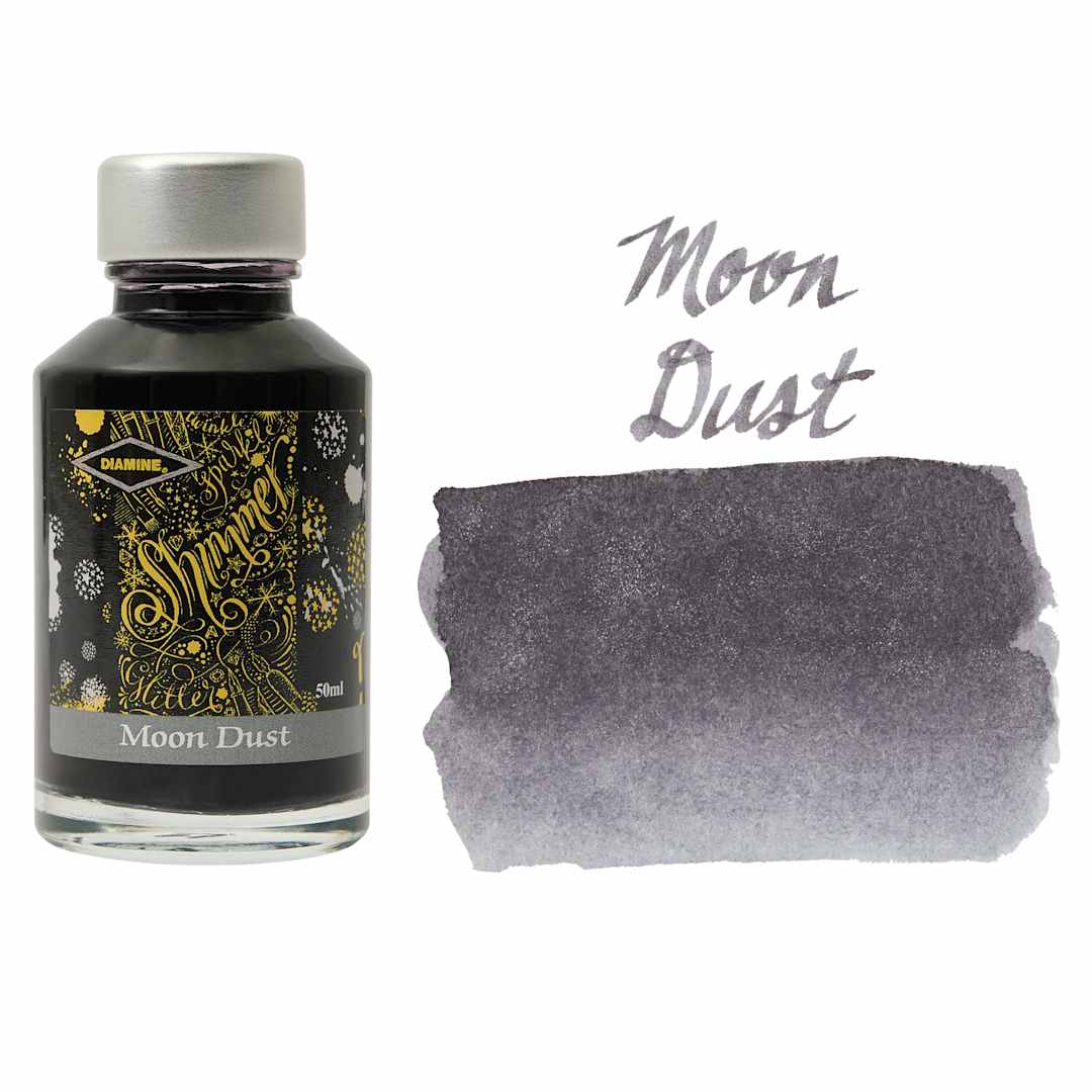 Open in modal - Diamine Shimmer Fountain Pen Ink - Moon Dust, 50 ml bottle and swatch