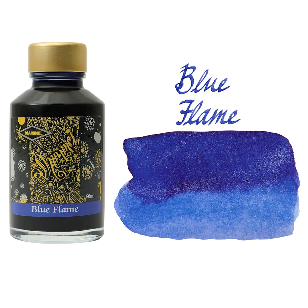 Open in modal - Diamine Shimmer Fountain Pen Ink - Blue Flame, 50 ml bottle and swatch