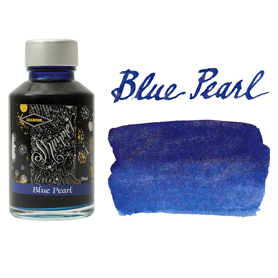 Open in modal - Diamine Shimmer Fountain Pen Ink - Blue Pearl, 50 ml bottle and swatch