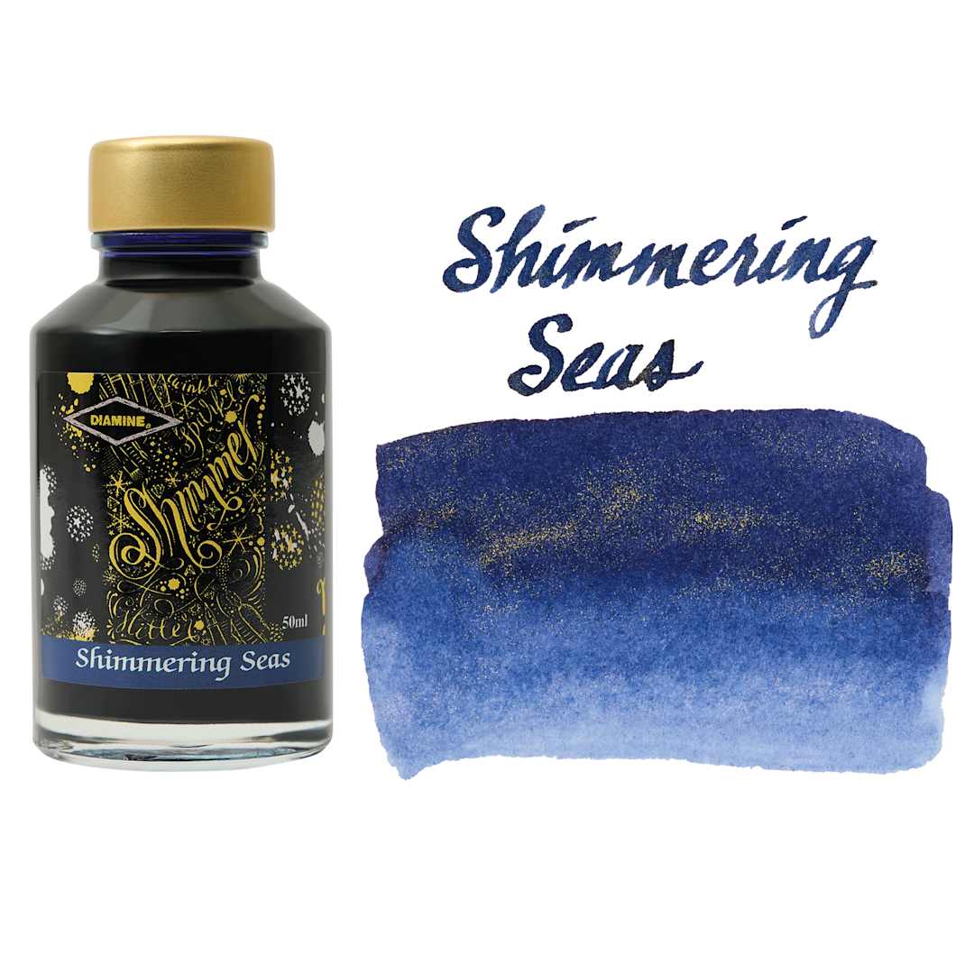 Open in modal - Diamine Shimmer Fountain Pen Ink - Shimmering Seas, 50 ml bottle and swatch