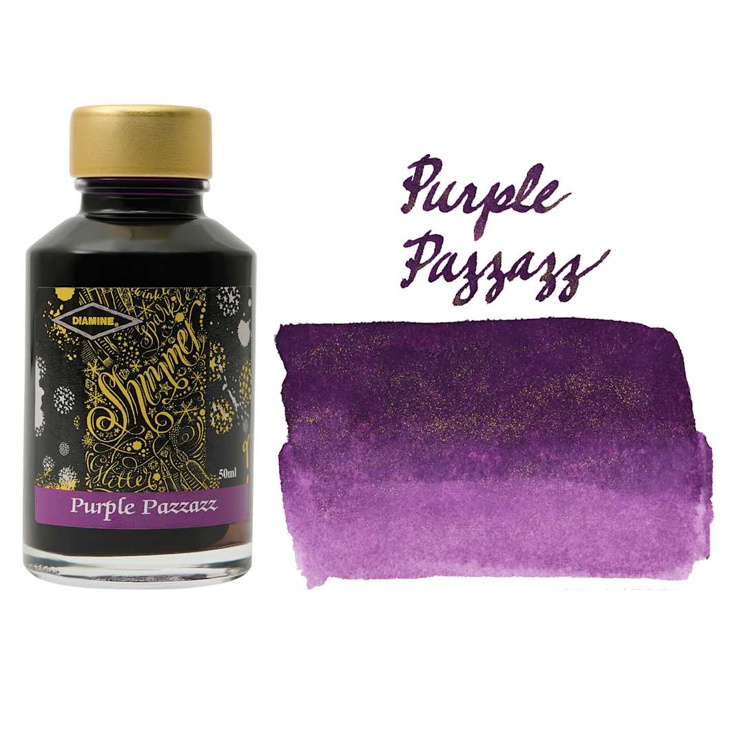Open in modal - Diamine Shimmer Fountain Pen Ink - Purple Pazzazz, 50 ml bottle and swatch