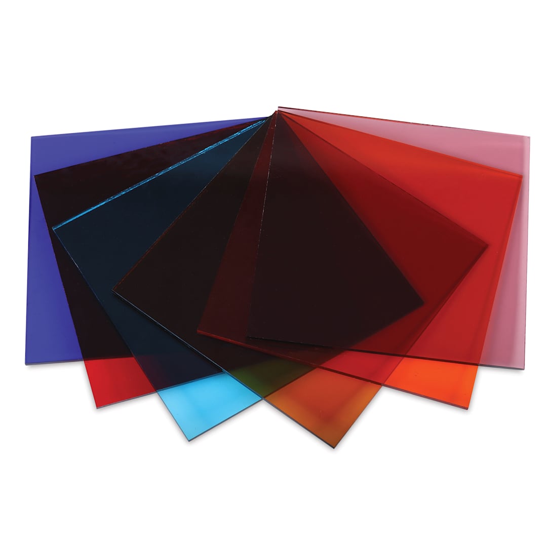 Open in modal - Oceanside Glass Fusible Glass Sheets - Transparent Colors, 6" x 6", Pkg of 6 (spread out to show colors)