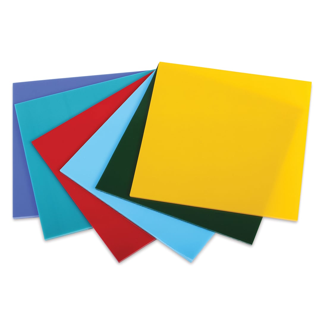 Open in modal - Oceanside Glass Fusible Glass Sheets - Opalescent Colors, 6" x 6", Pkg of 6 (spread out to show the color and opacity)