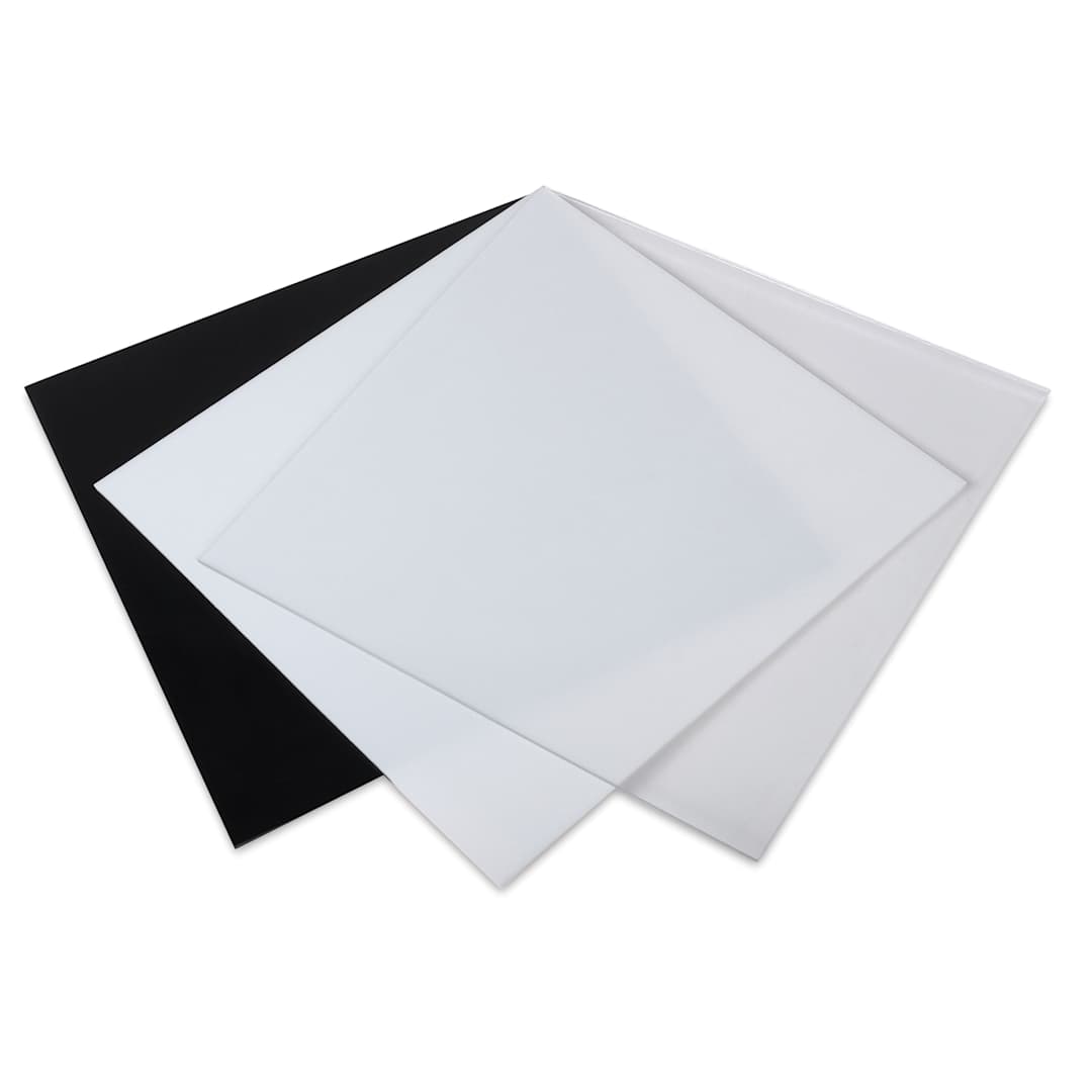 Open in modal - Oceanside Glass Fusible Glass Sheets - Black, White, and Clear, 6" x 6", Pkg of 3 (spread out to show color and opacity)