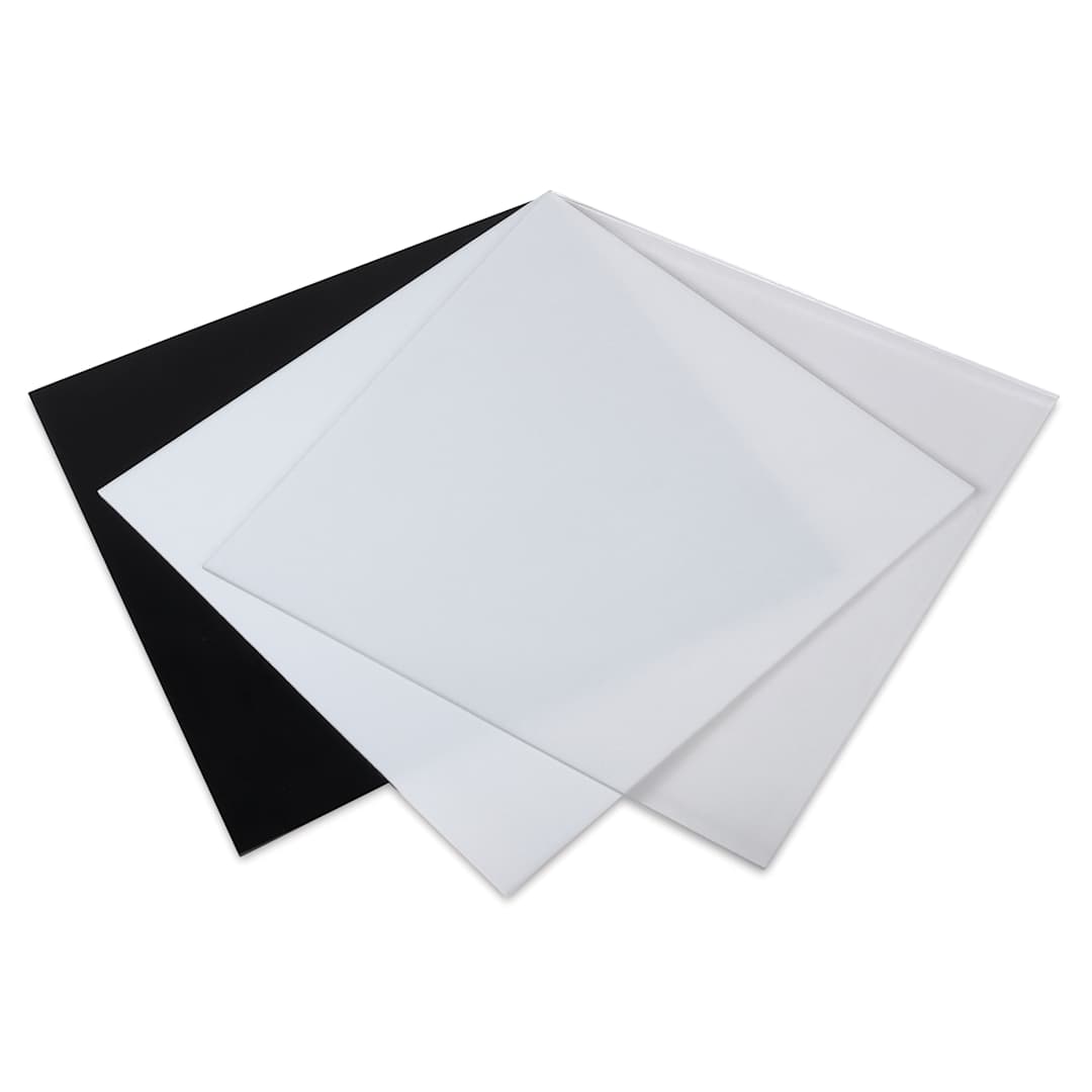 Open in modal - Oceanside Glass Fusible Glass Sheets - Black, White, and Clear, 12" x 12", Pkg of 3 (spread out to show color and opacity)