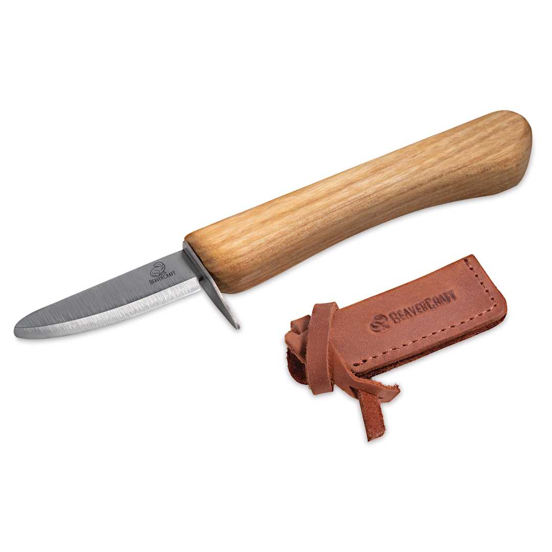 Open in modal - BeaverCraft Whittling Knife for Beginners with leather sheath off