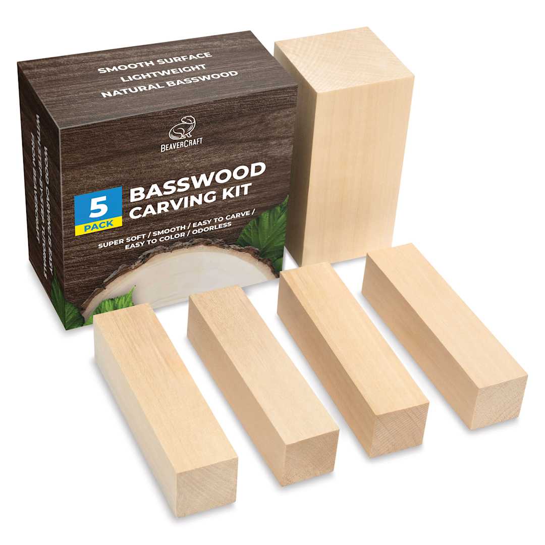 Open in modal - BeaverCraft Basswood Carving Block Set - Pkg of 5, Assorted Sizes contents with packaging