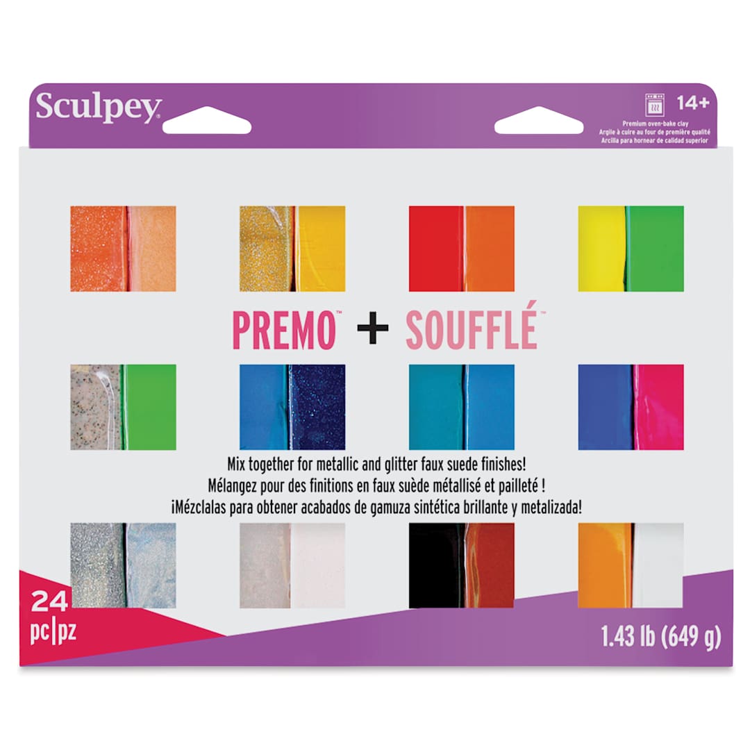 Open in modal - Sculpey Premo and Souffle Multipack - Metallic and Glitter Faux Suede, Set of 24 front of packaging