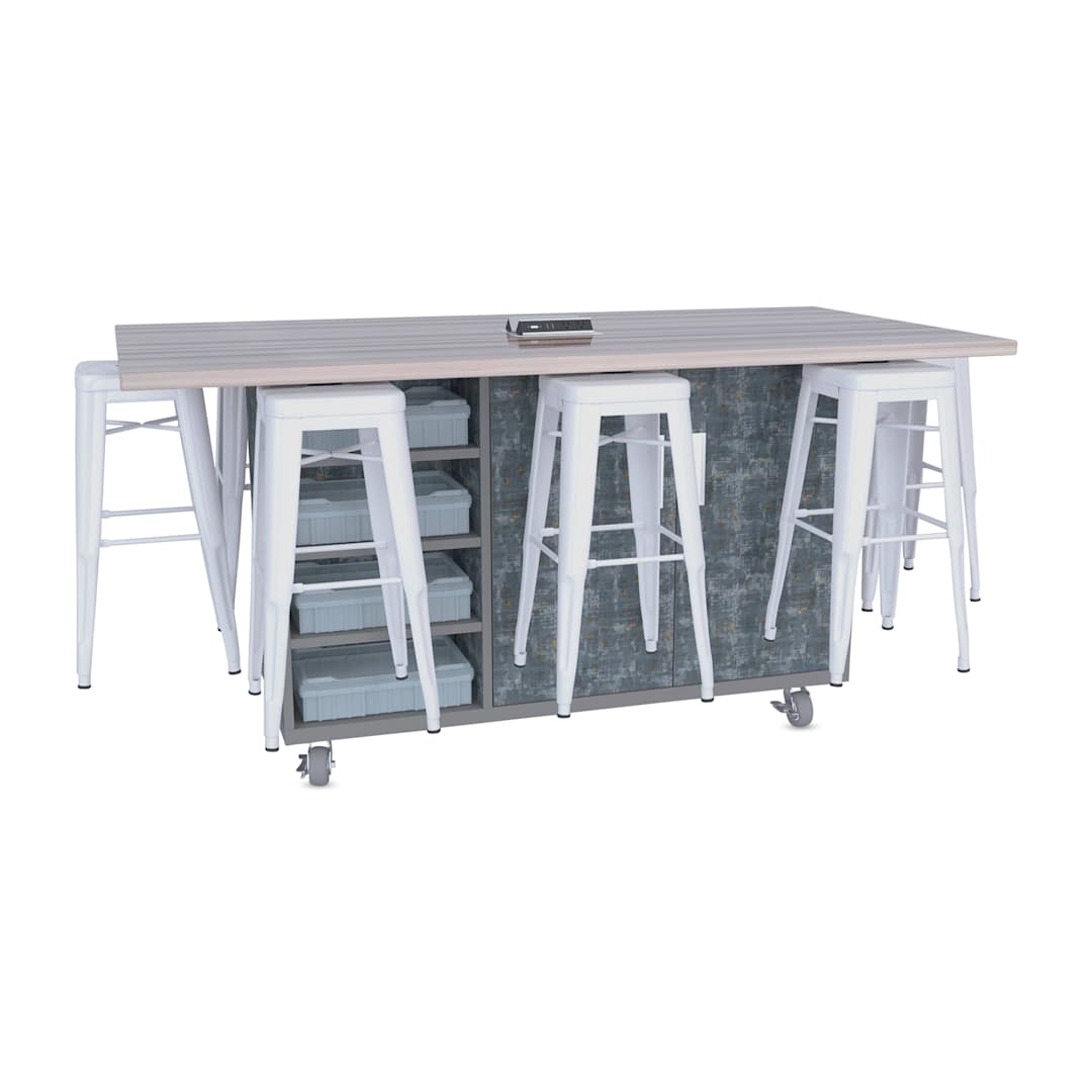 Open in modal - CEF Ed8 Work Table with Stools, 42"H table with white stools and Paint Scrape Steel finish.