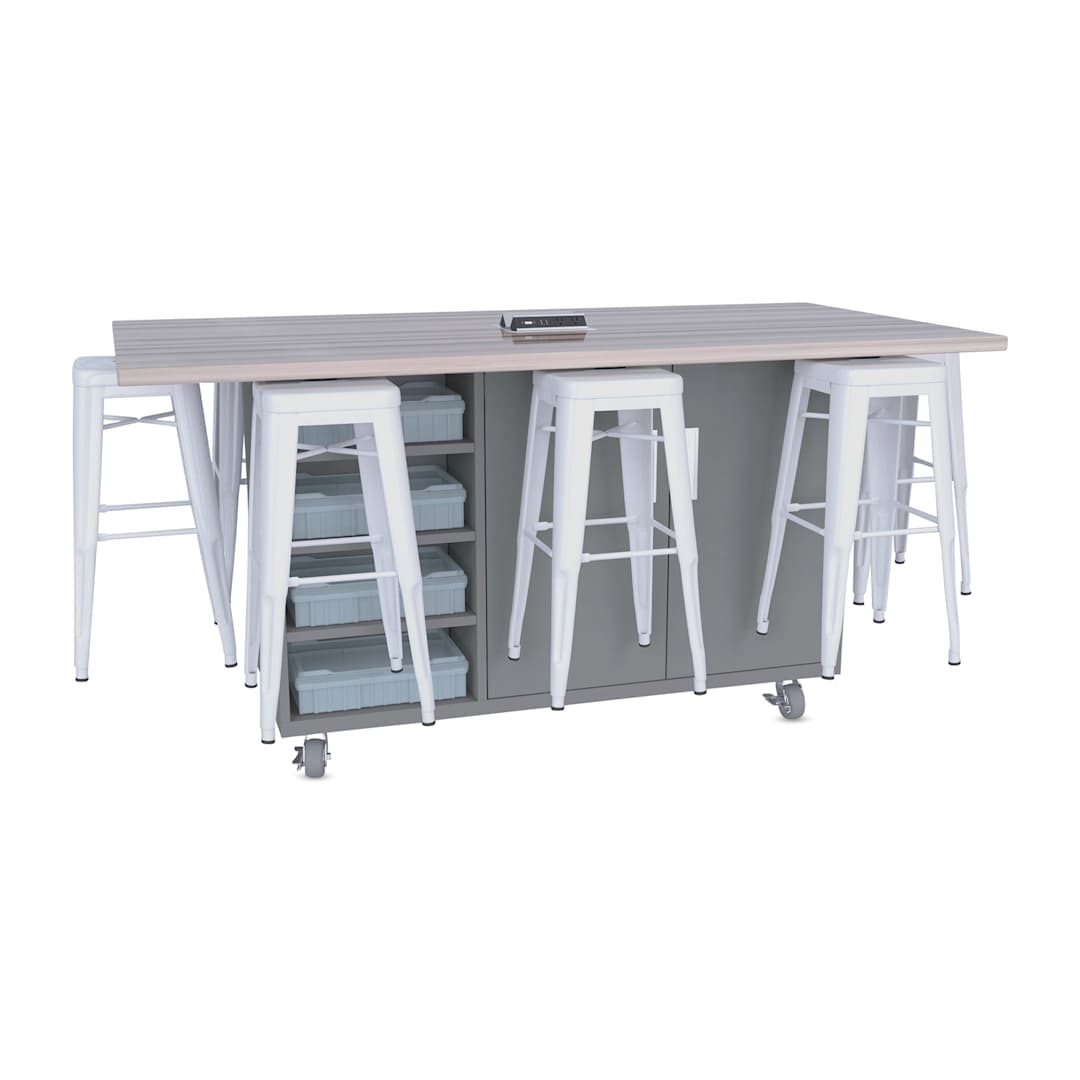 Open in modal - CEF Ed8 Work Table with Stools, 42"H table with white stools and Northsea Grey finish.