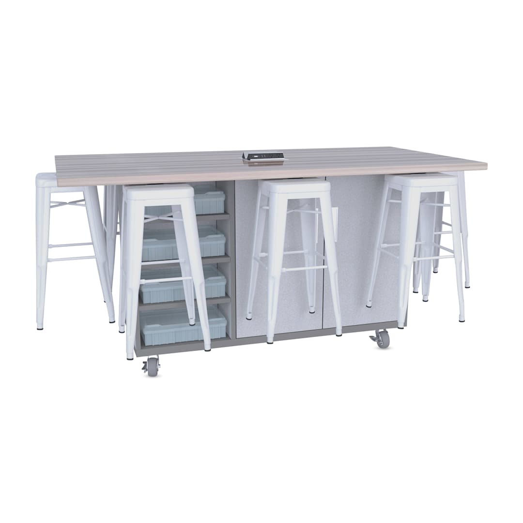 Open in modal - CEF Ed8 Work Table with Stools, 36"H table with white stools and Folkstone Hex finish.