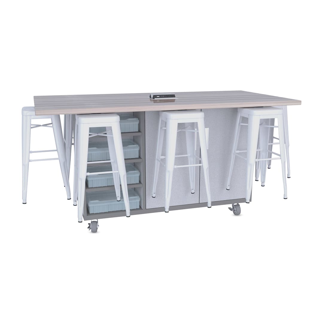Open in modal - CEF Ed8 Work Table with Stools, 42"H table with white stools and Folkstone Hex finish.