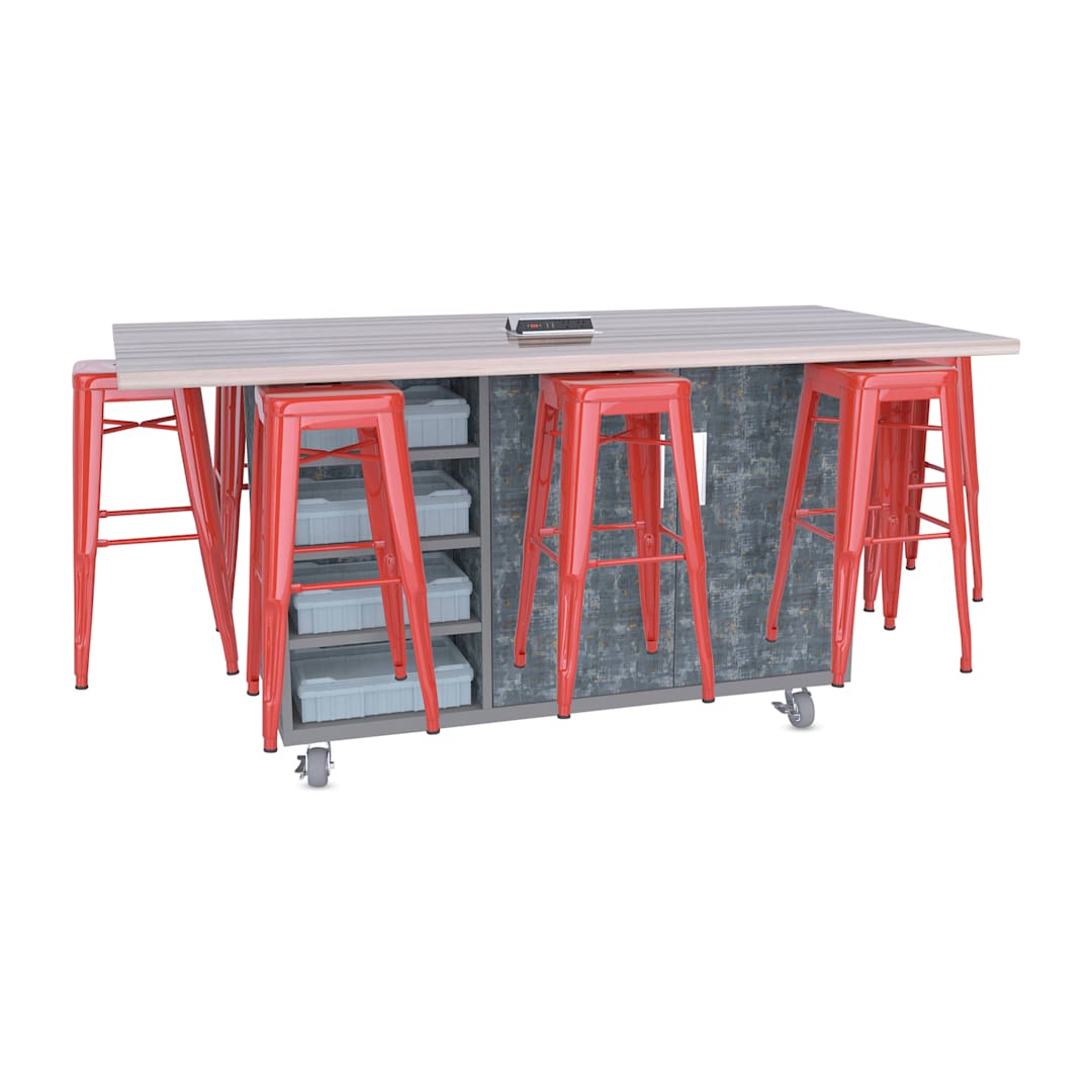 Open in modal - CEF Ed8 Work Table with Stools, 36"H table with red stools and Paint Scrape Steel finish.