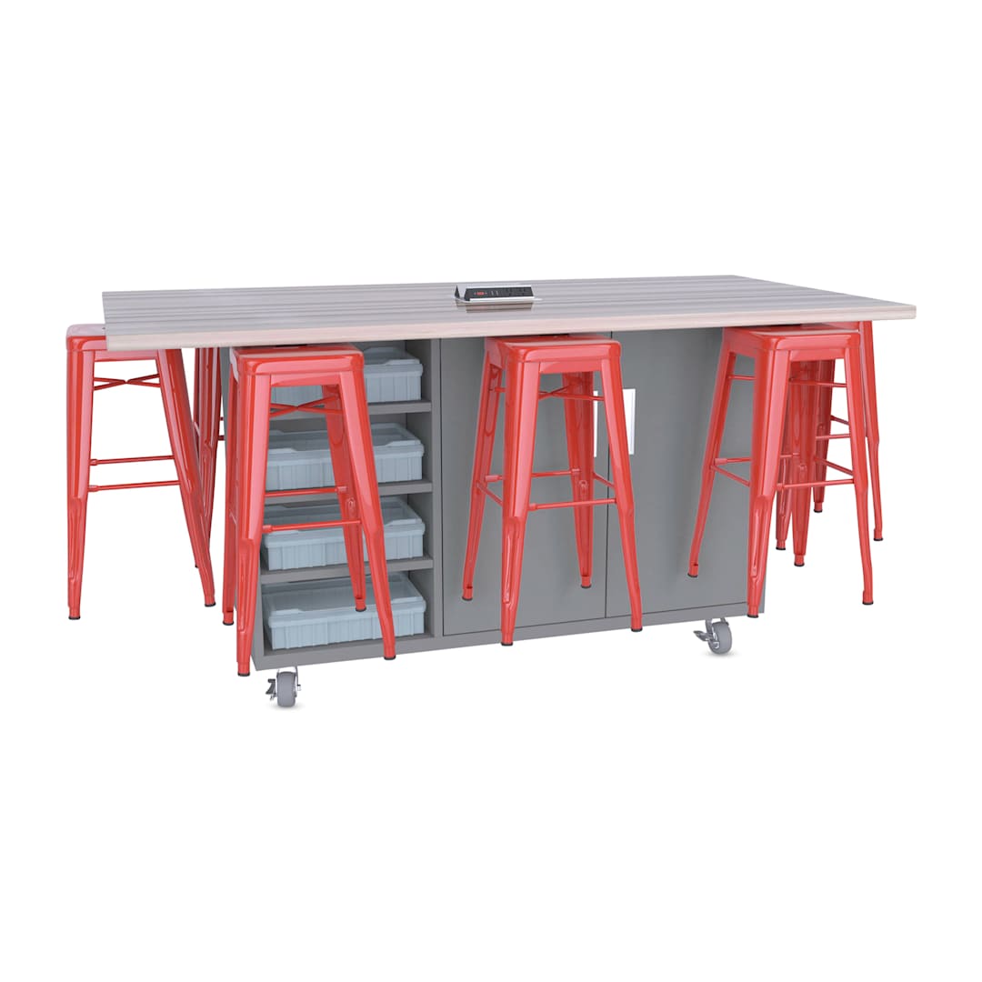 Open in modal - CEF Ed8 Work Table with Stools, 36"H table with red stools and Northsea Grey finish.