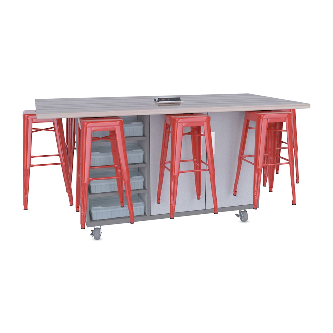 Open in modal - CEF Ed8 Work Table with Stools, 36"H table with red stools and Folkstone Hex finish.