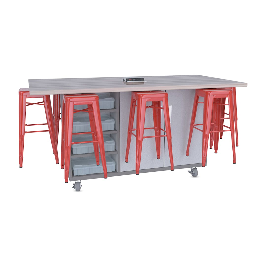Open in modal - CEF Ed8 Work Table with Stools, 42"H table with red stools and Folkstone Hex finish.