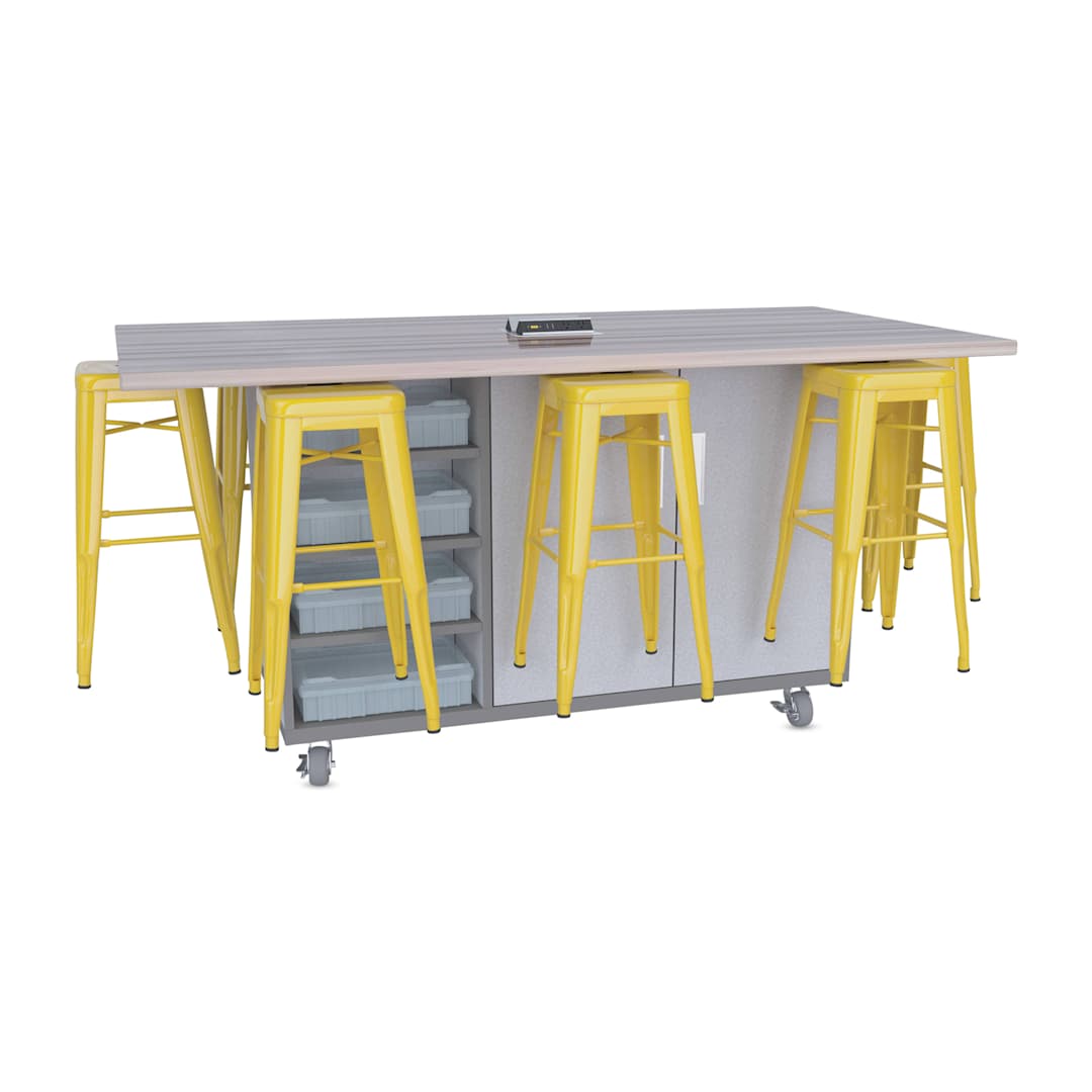 Open in modal - CEF Ed8 Work Table with Stools, 36"H table with yellow stools and Northsea Grey finish.