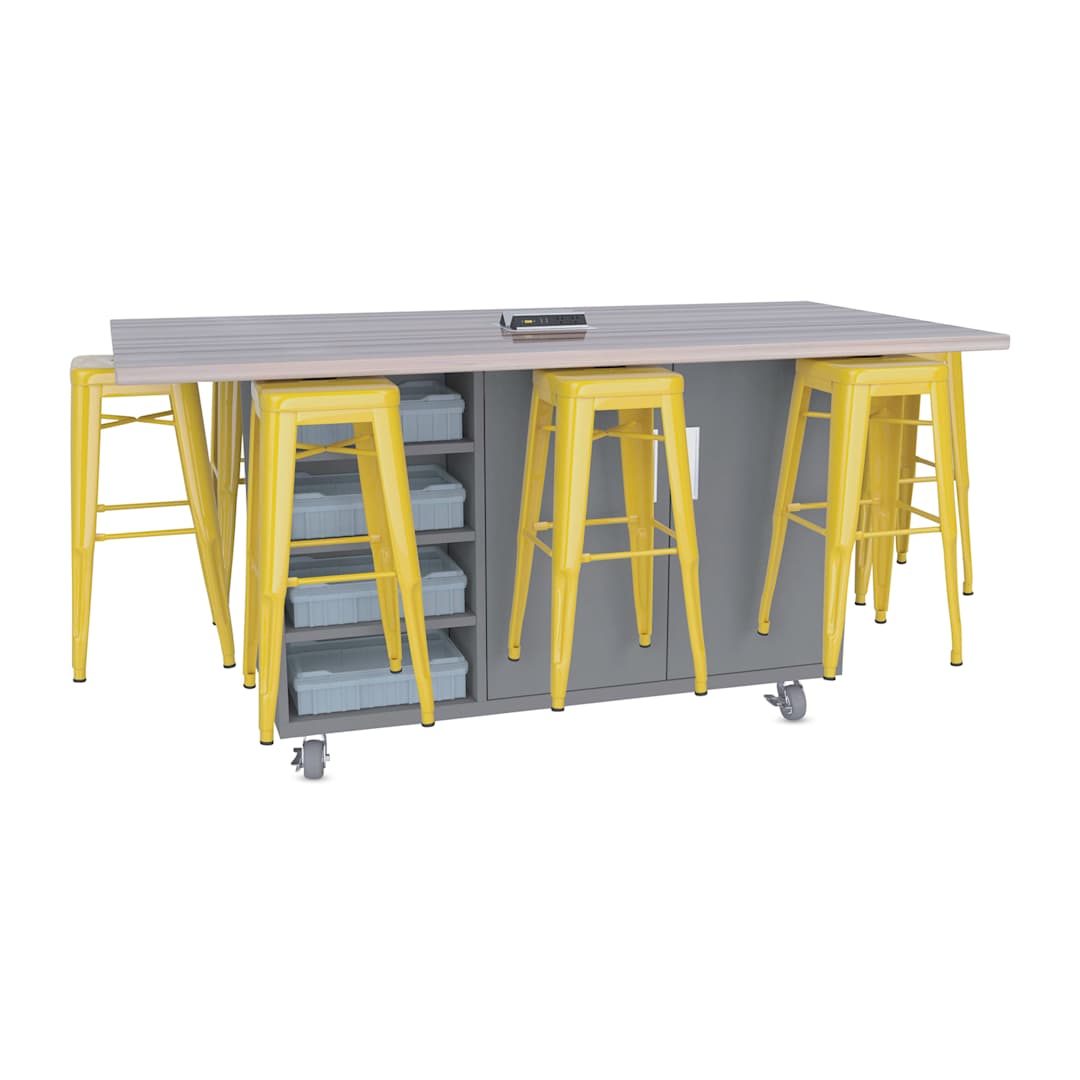 Open in modal - CEF Ed8 Work Table with Stools, 42"H table with yellow stools and Northsea Grey finish.