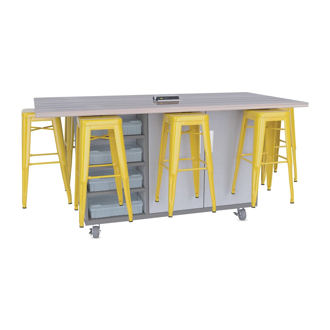 Open in modal - CEF Ed8 Work Table with Stools, 42"H table with yellow stools and Folkstone Hex finish.
