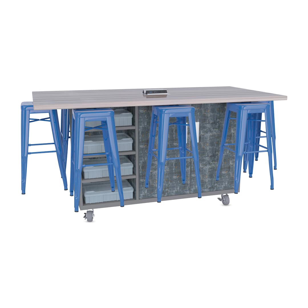 Open in modal - CEF Ed8 Work Table with Stools, 36"H table with royal blue stools and Paint Scrape Steel finish.