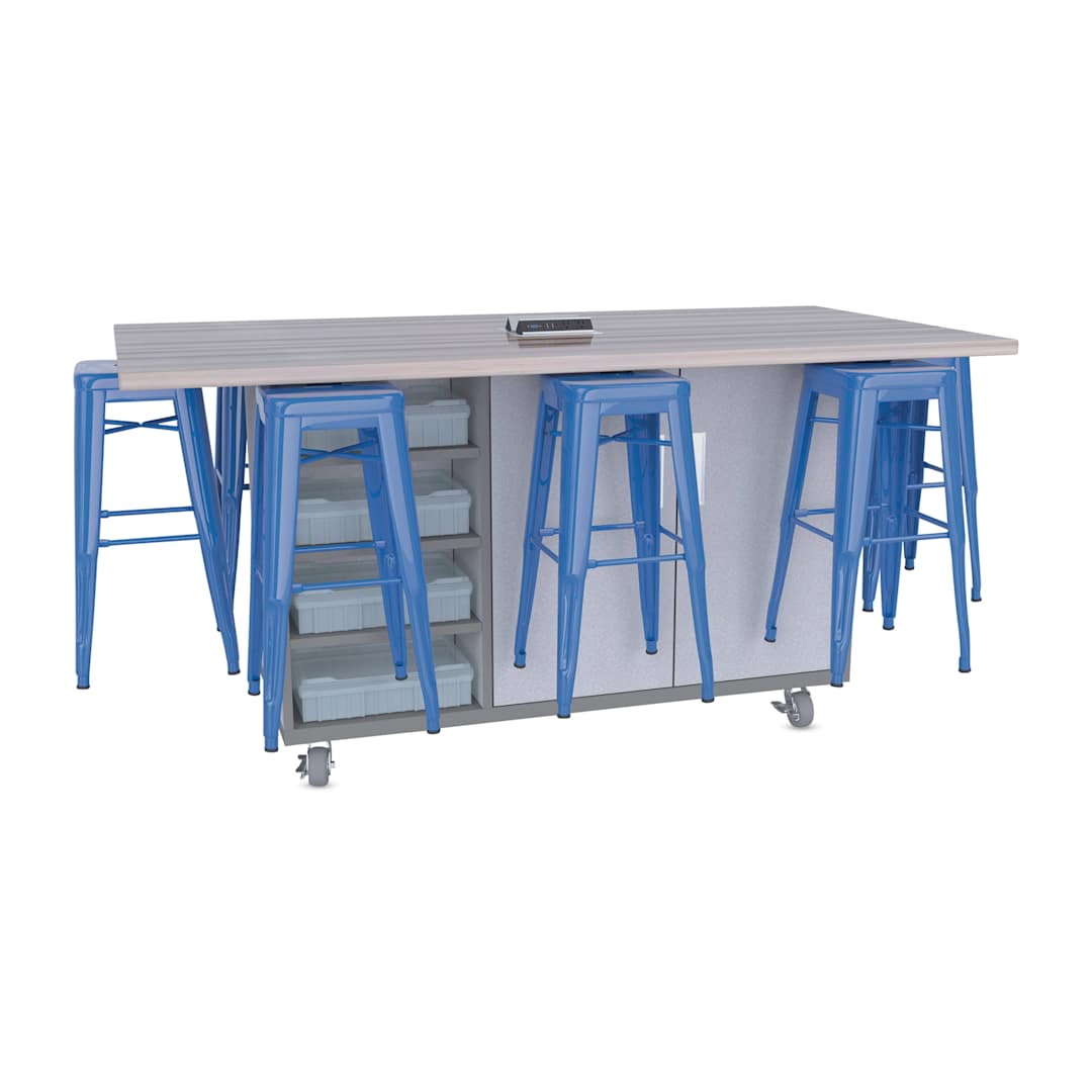 Open in modal - CEF Ed8 Work Table with Stools, 42"H table with royal blue stools and Folkstone Hex finish.
