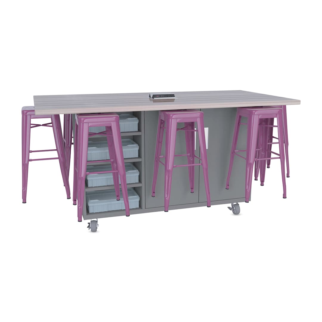 Open in modal - CEF Ed8 Work Table with Stools, 42"H table with purple stools and Northsea Grey finish.