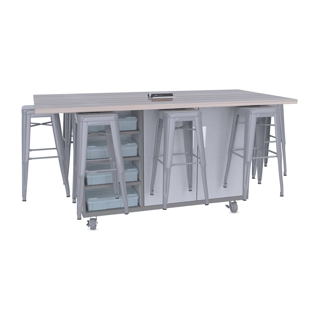 Open in modal - CEF Ed8 Work Table with Stools, 36"H table with silver stools and Folkstone Hex finish.
