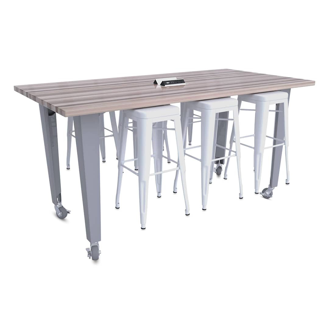 Open in modal - CEF Idea Island Work Table, 34" high with 6 white stools. 