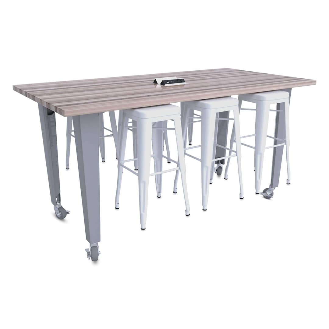 Open in modal - CEF Idea Island Work Table, 42" high with 6 white stools.