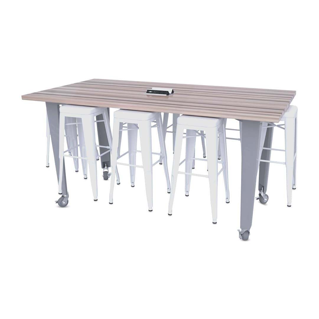 Open in modal - CEF Idea Island Work Table, 34" high with 8 white stools. 