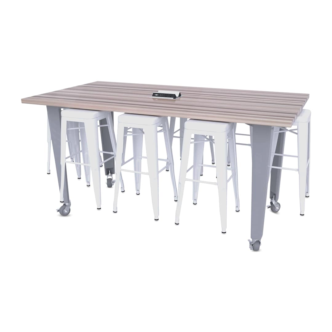 Open in modal - CEF Idea Island Work Table, 42" high with 8 white stools.