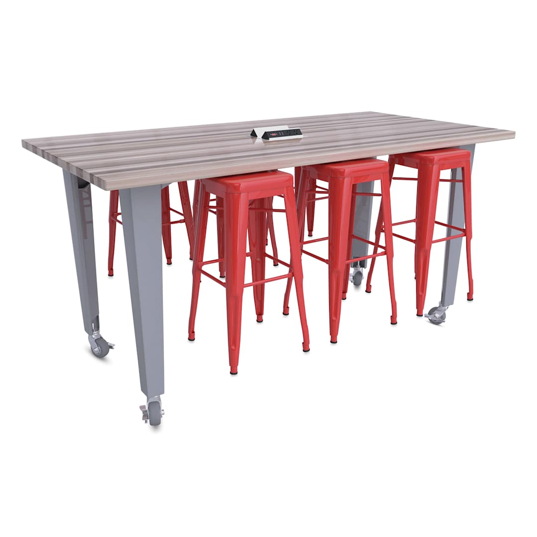 Open in modal - CEF Idea Island Work Table, 34" high with 6 red stools. 
