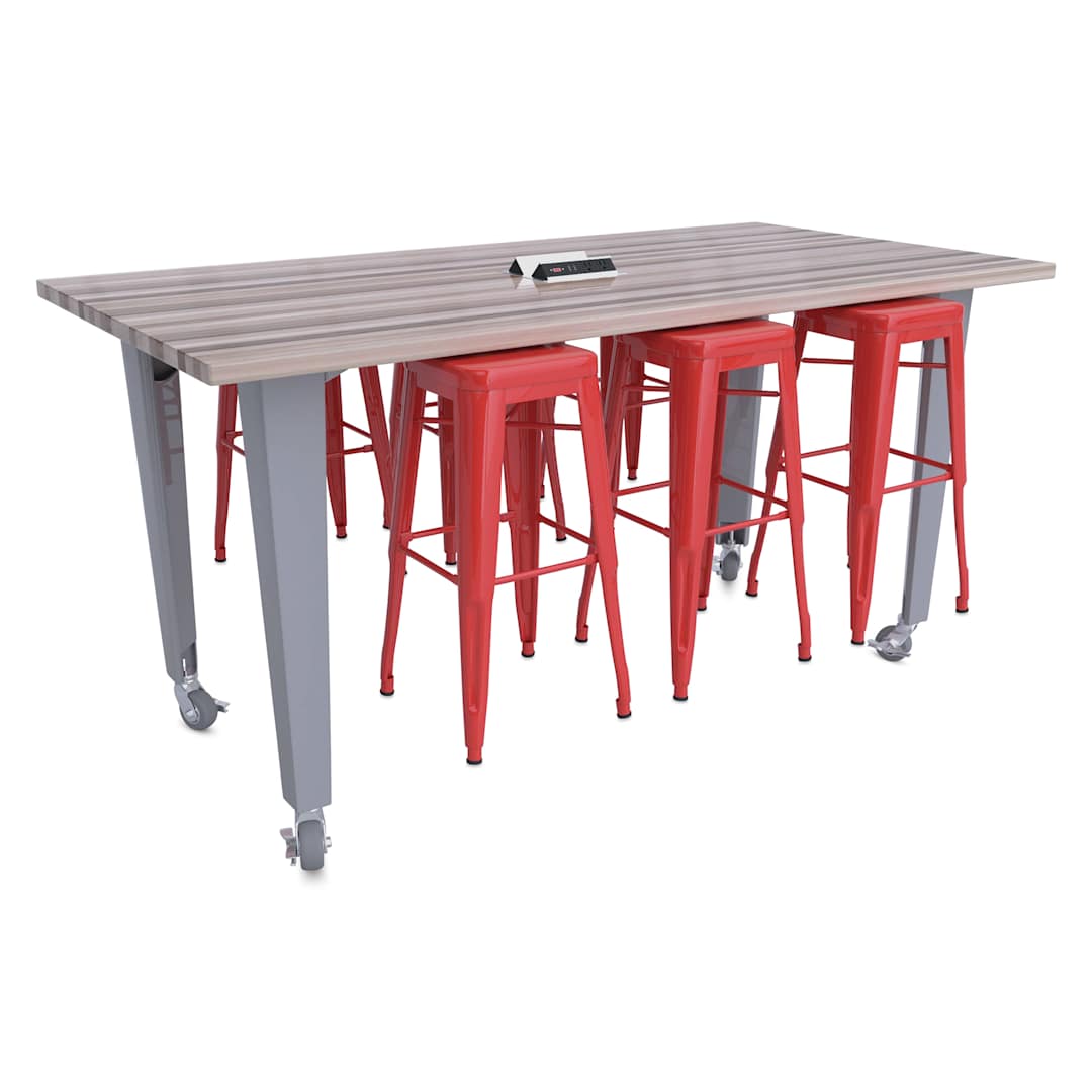 Open in modal - CEF Idea Island Work Table, 42" high with 6 red stools.