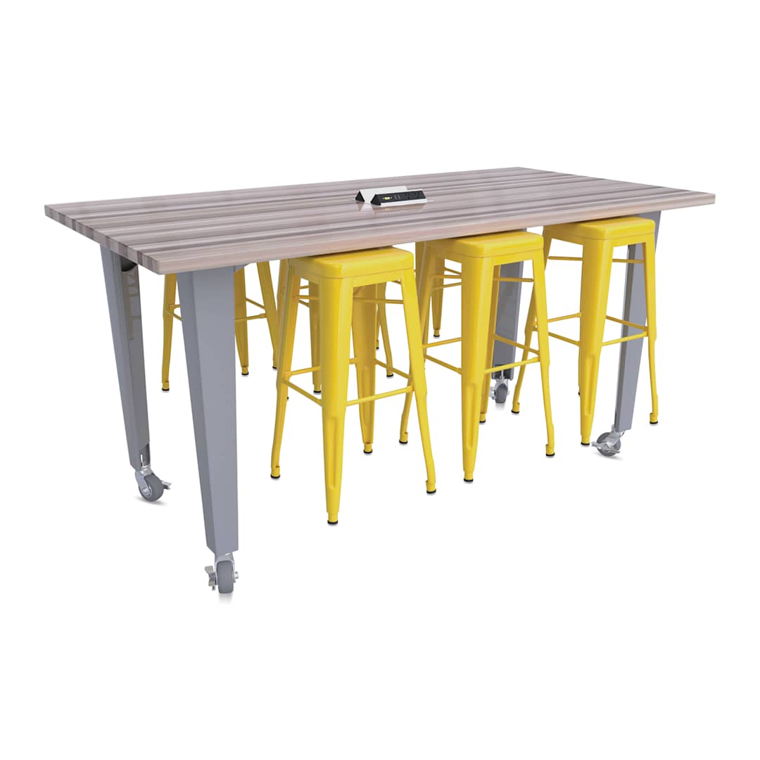 Open in modal - CEF Idea Island Work Table, 34" high with 6 yellow stools. 