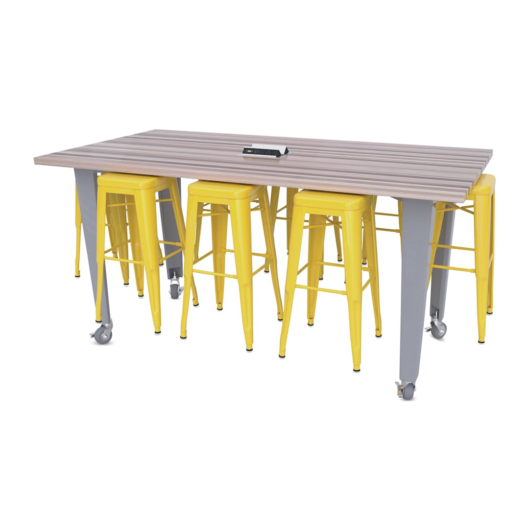 Open in modal - CEF Idea Island Work Table, 34" high with 8 yellow stools. 