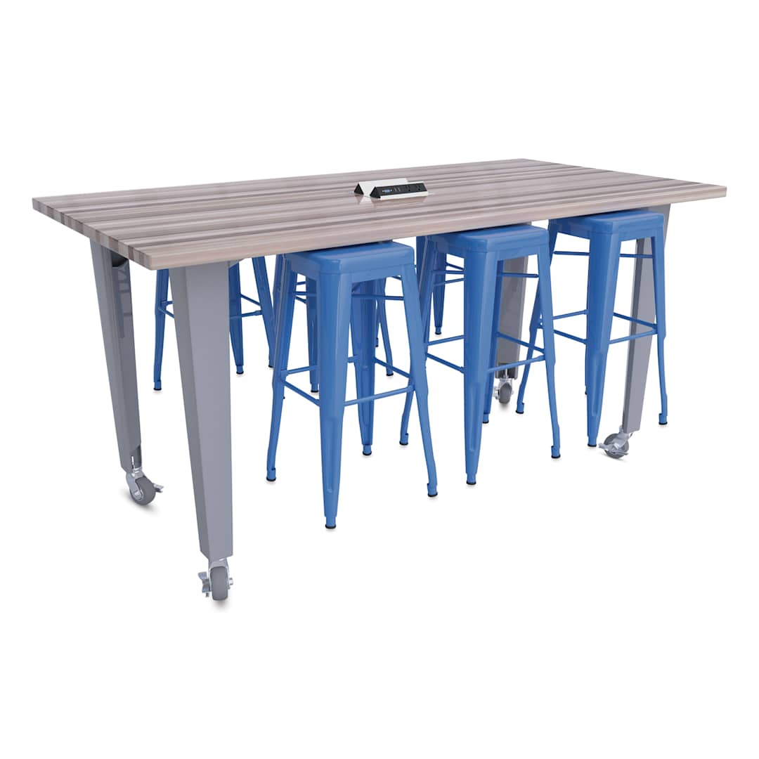 Open in modal - CEF Idea Island Work Table, 42" high with 6 royal blue stools.
