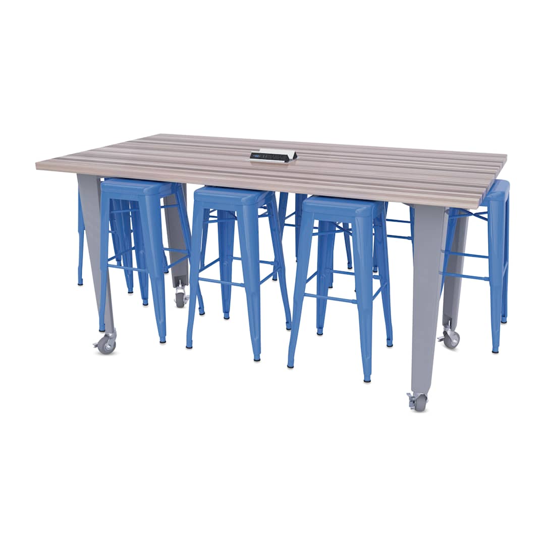 Open in modal - CEF Idea Island Work Table, 34" high with 8 royal blue stools. 
