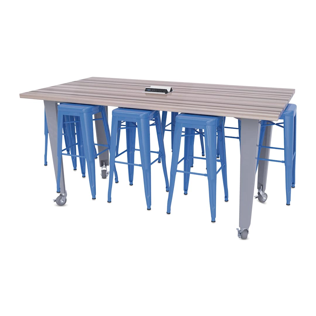 Open in modal - CEF Idea Island Work Table, 42" high with 8 royal blue stools.