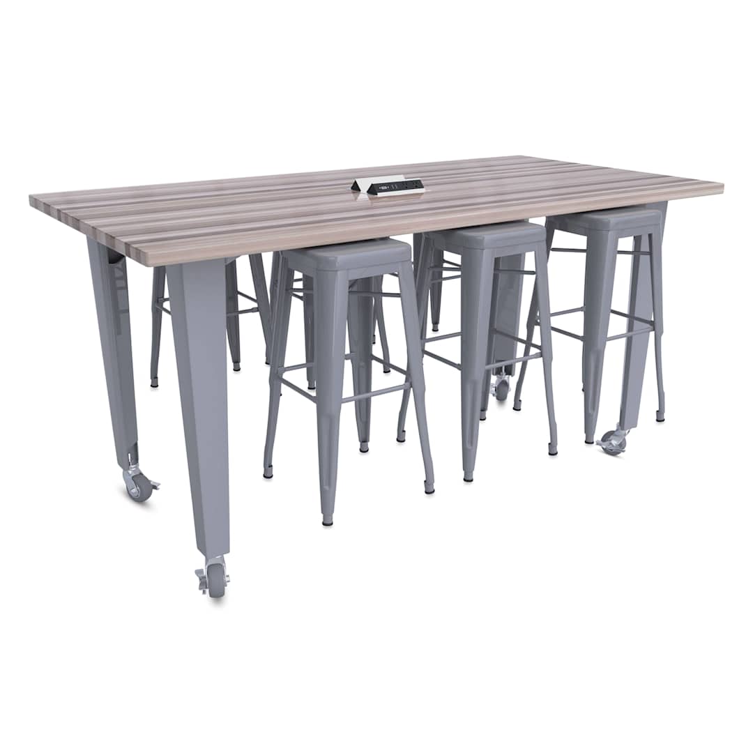 Open in modal - CEF Idea Island Work Table, 42" high with 6 silver stools.