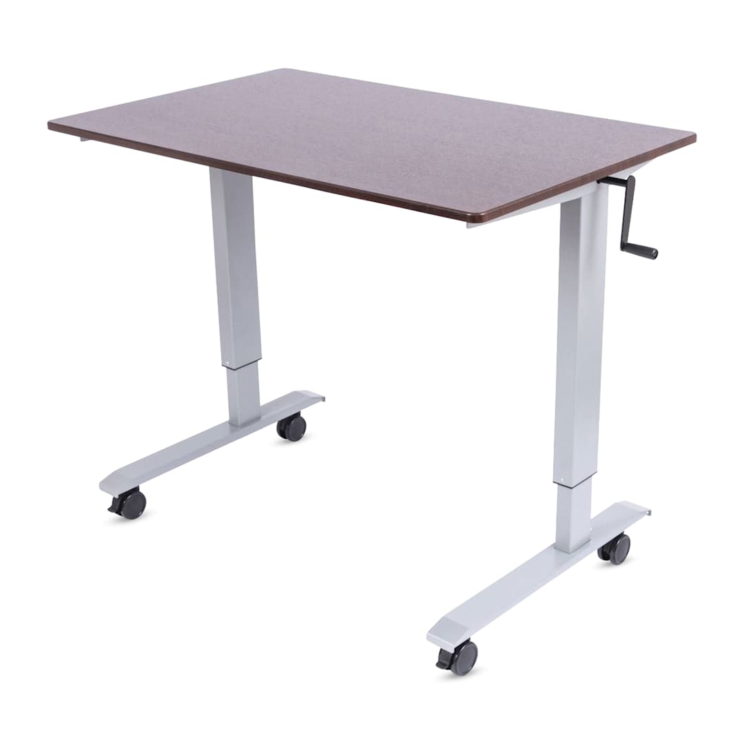 Open in modal - Luxor High Speed Crank Adjustable Stand Up Desk - Dark Walnut with Silver Frame, 48" W - angled view