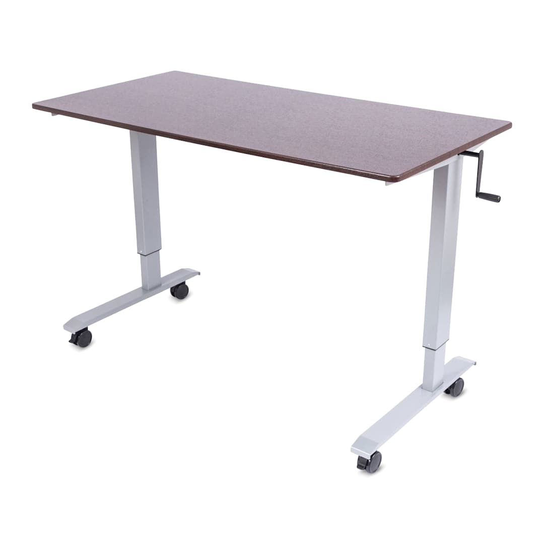 Open in modal - Luxor High Speed Crank Adjustable Stand Up Desk - Dark Walnut with Silver Frame, 59" W - angled