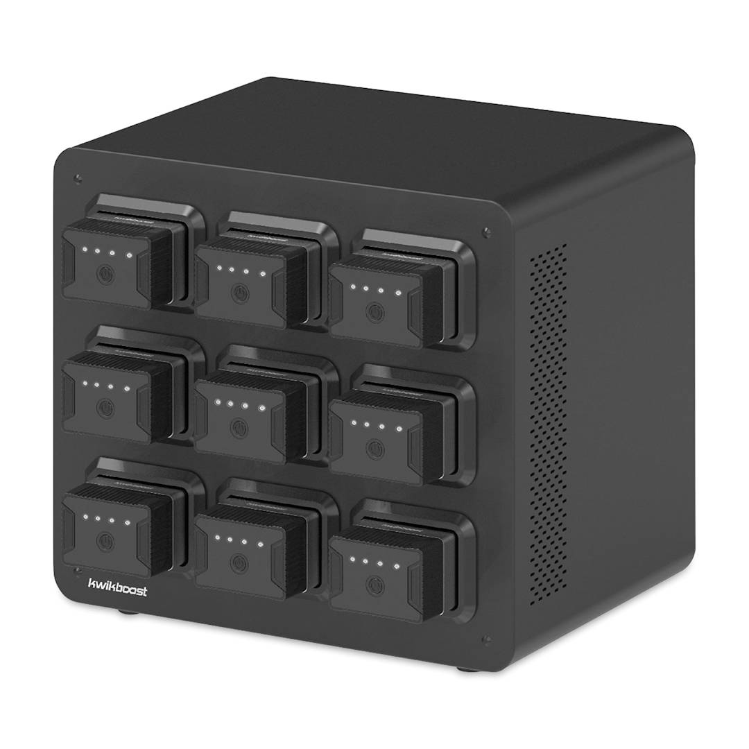 Open in modal - KwikBoost EdgePower Desktop Charging Station System - Continual Use Set, 9-bay charging base with batteries.