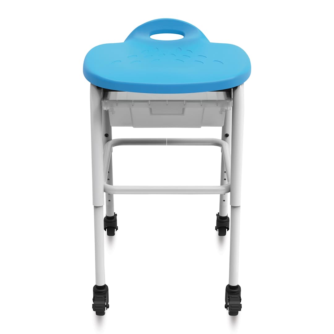 Open in modal - Adjustable-Height Stackable Classroom Stool with Wheels and Storage, front view. 