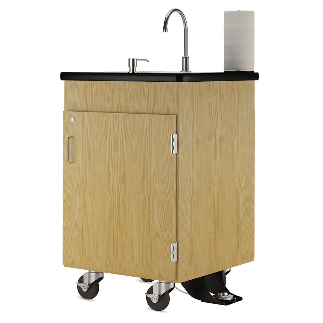 Open in modal - Diversified Spaces Mobile Hand Wash Station - Single Foot Pump, Oak, 24"W x 24"D x 36"H (Front, Angled view)