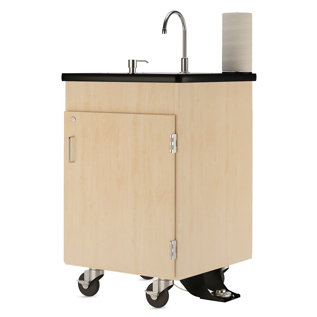 Open in modal - Diversified Spaces Mobile Hand Wash Station - Single Foot Pump, Maple, 24"W x 24"D x 36"H (Front, Angled view)