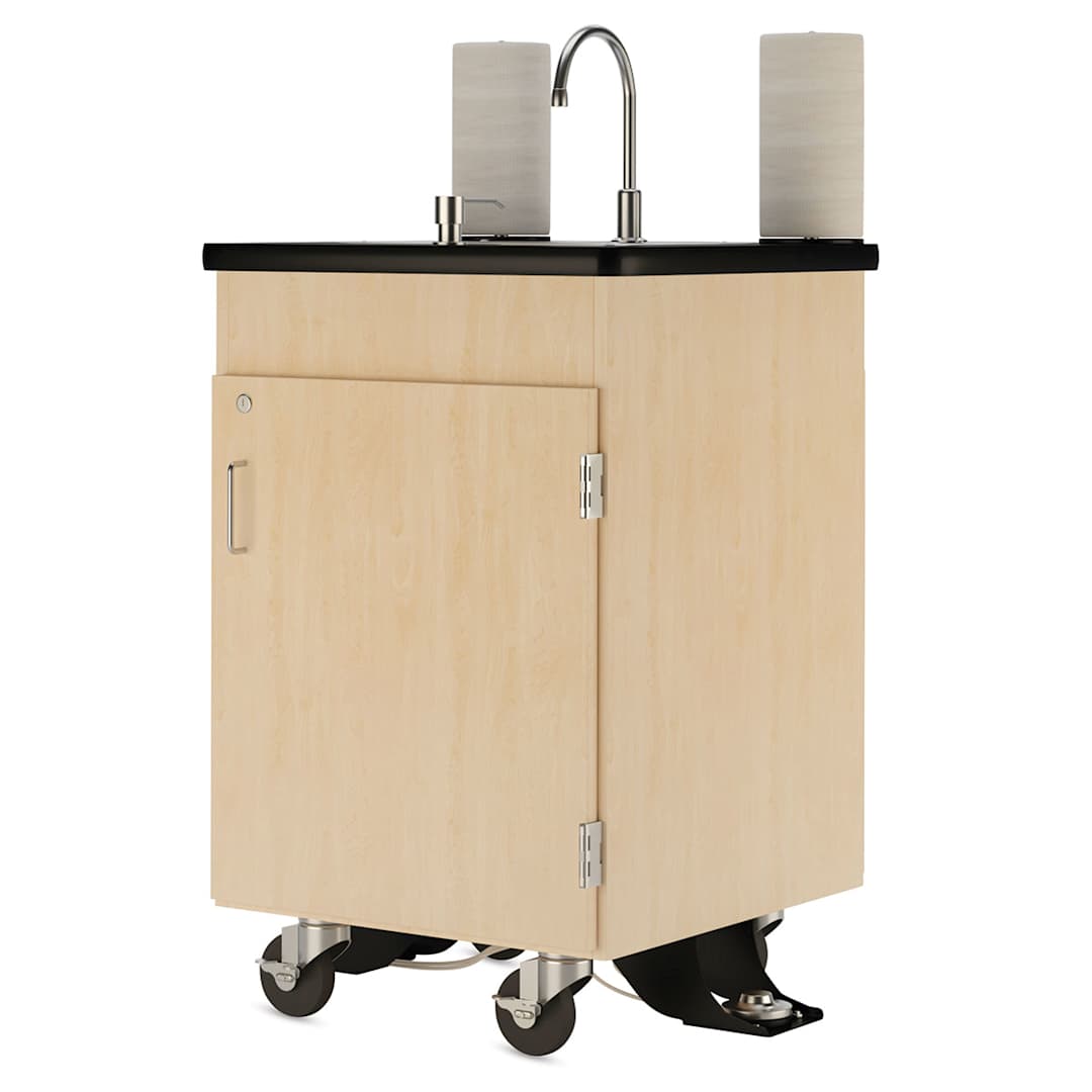 Open in modal - Diversified Spaces Mobile Hand Wash Station - Dual Foot Pump, Maple, 24"W x 24"D x 36"H (Front, Angled view)
