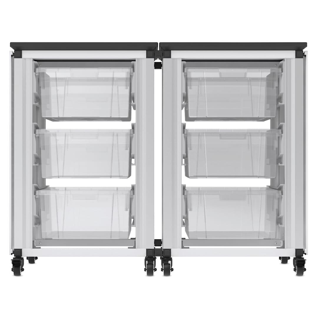 Open in modal - Modular Storage Cabinet, front view of the 2 side-by-side module with 6 large bins. 