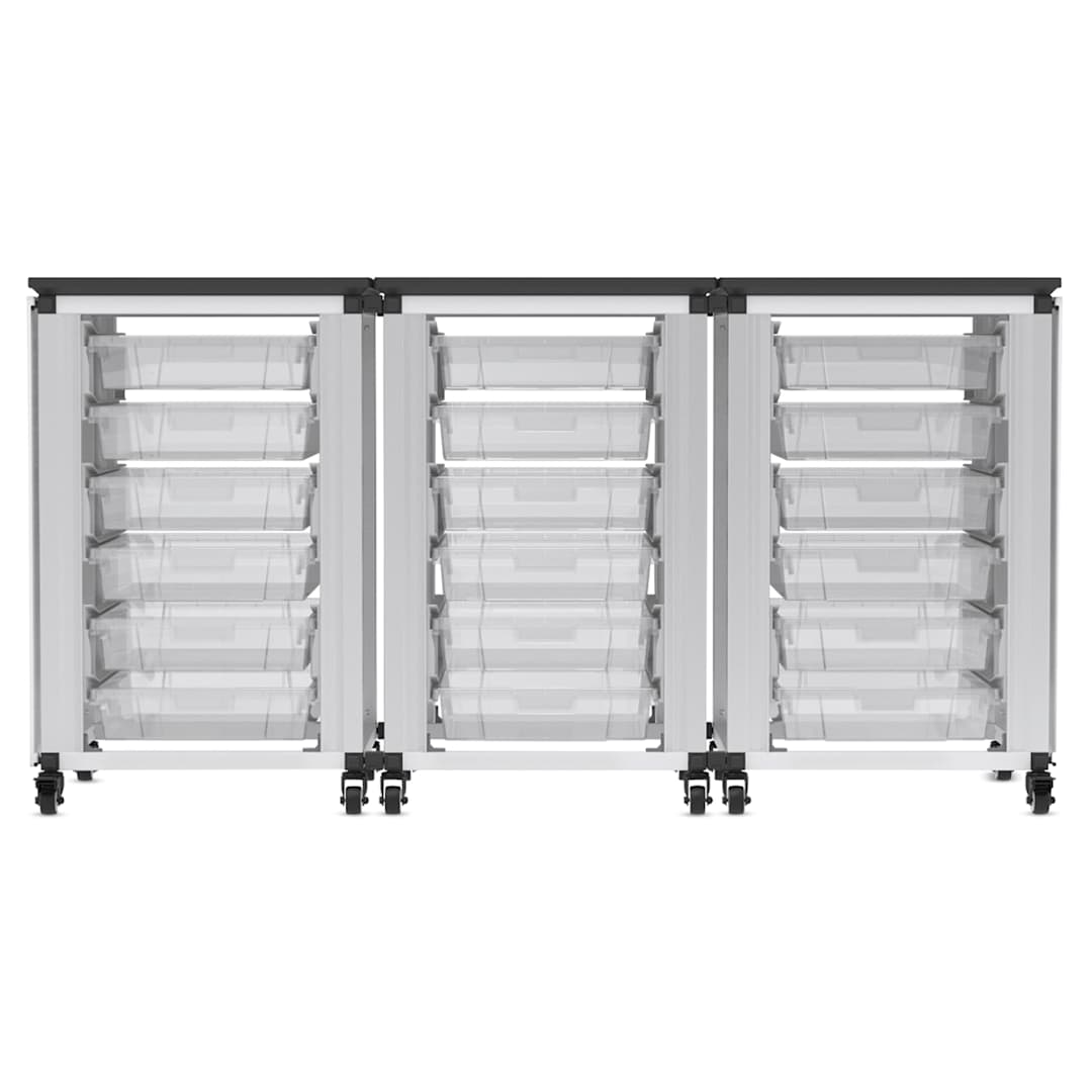 Open in modal - Modular Storage Cabinet, front view of the 3 side-by-side module with 18 small bins.